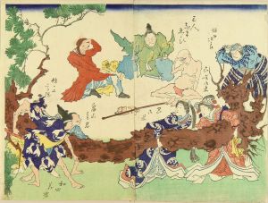 UNSIGNED/A caricature, illustrating figures pulling a pine tree while a foreigner laughing at, diptych