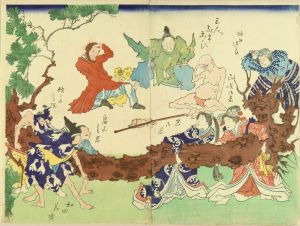 UNSIGNED/A caricature, illustrating figures pulling a pine tree while a foreigner laughing at, diptych