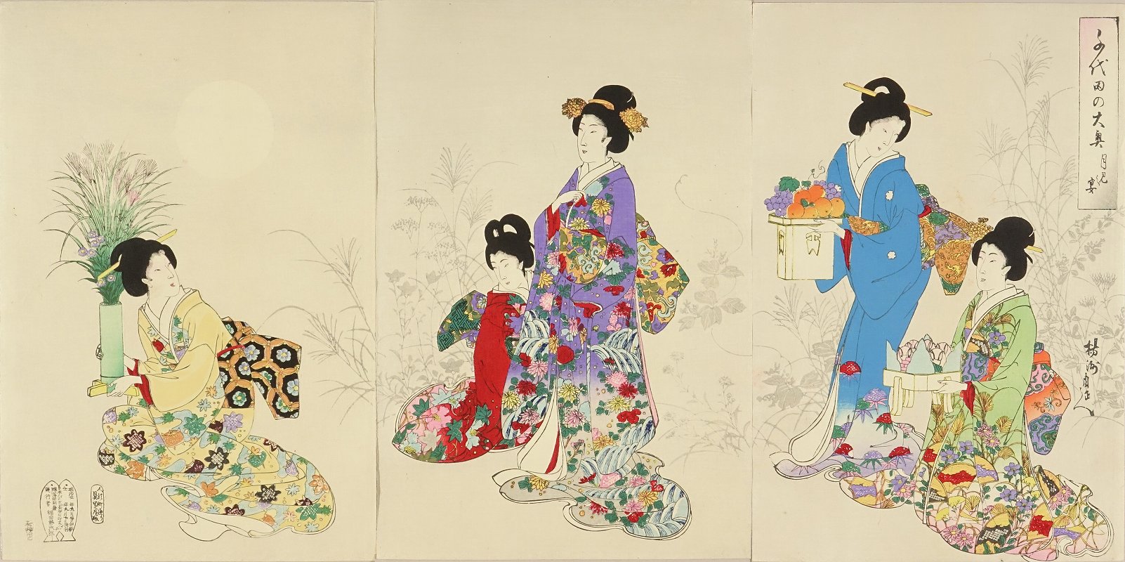 浮世絵、千代田之大奥たき見のお茶や3枚綴り、橋本周延画 （周延