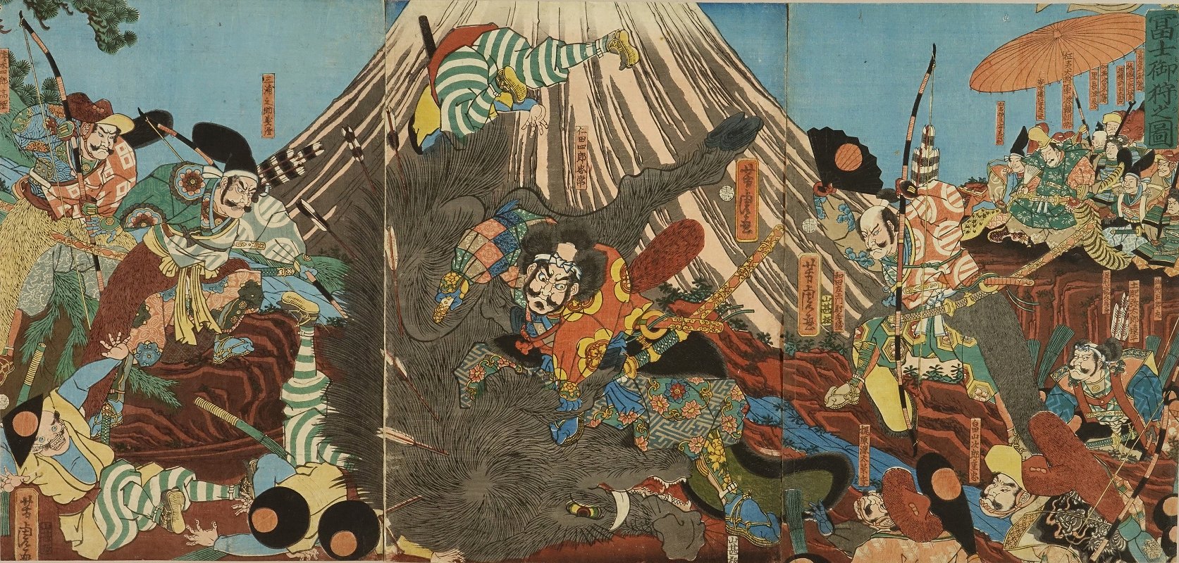 YOSHITORA Nitta Shiro hunts a giant boar at Mount Fuji, triptych
