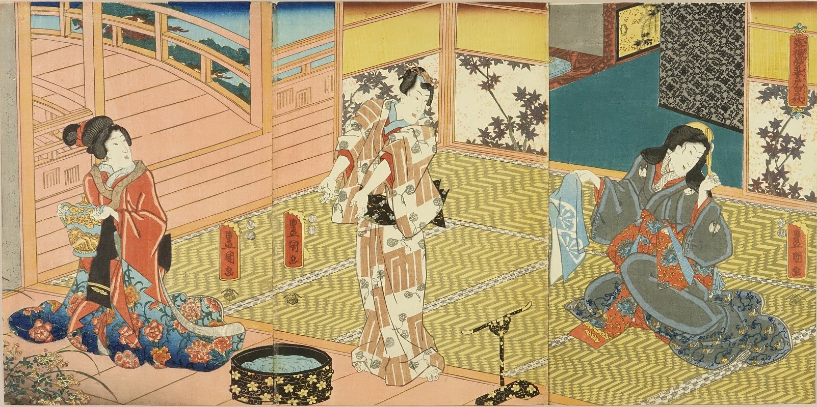 TOYOKUNI III Genji and beauties in an interior, triptych | Japanese Ukiyo-e  Prints | Hara Shobo