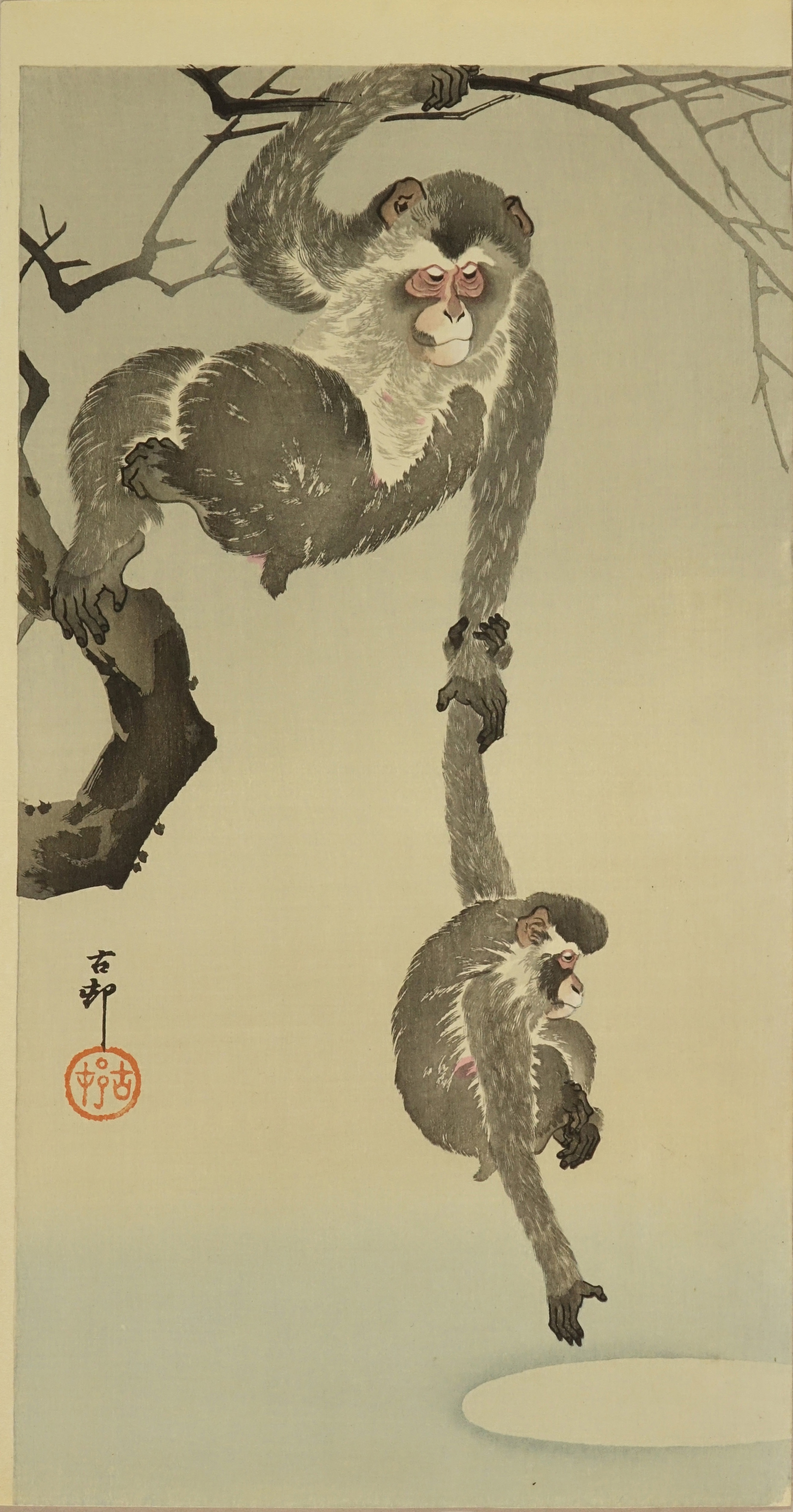 Japanese Art Woodblock Print Shin Hanga Monkey Reaching for the Moon OHARA KOSON 