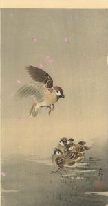小原古邨 桜吹雪に雀の親子 | 浮世絵 | 原書房 神田神保町