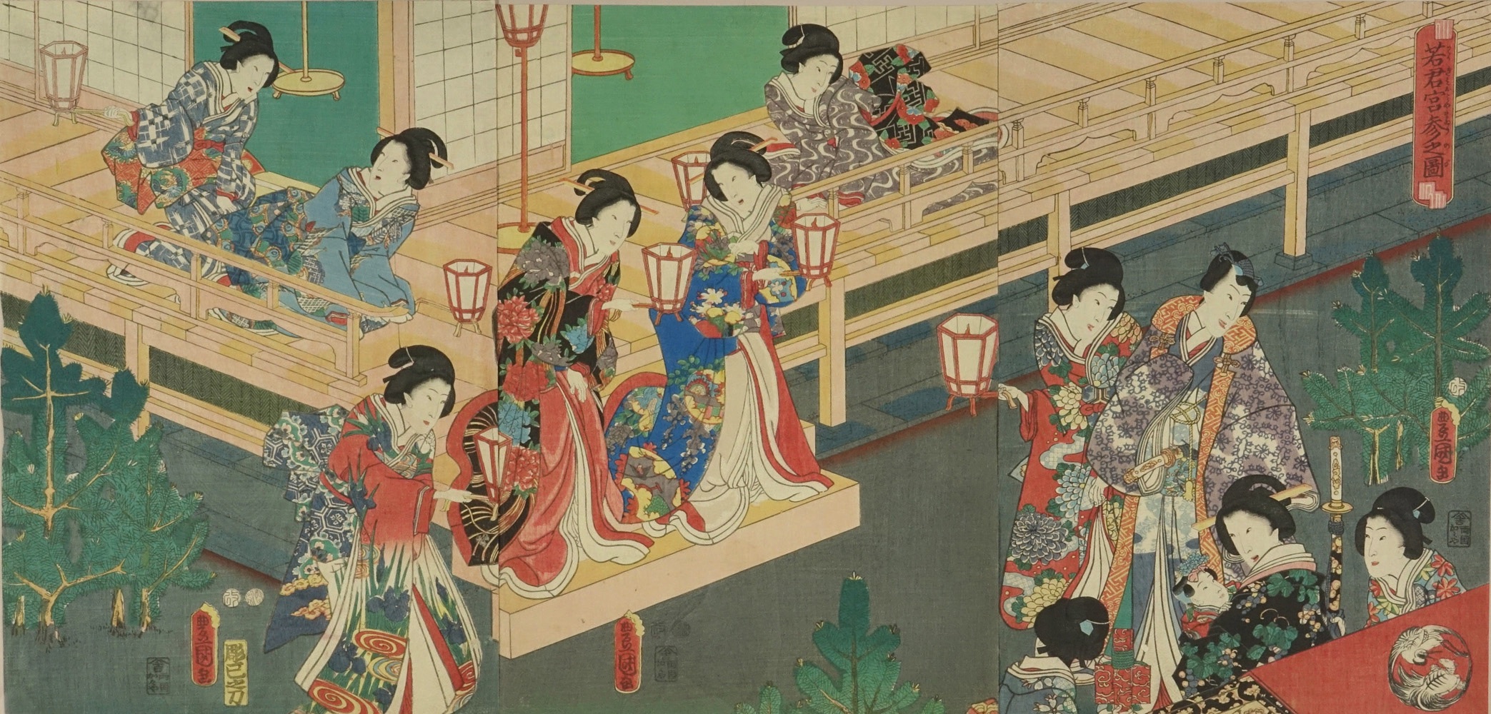 浮世絵、花魁図三枚綴り、三代豊国画 浮世絵、花魁図三枚綴り、三代豊国画