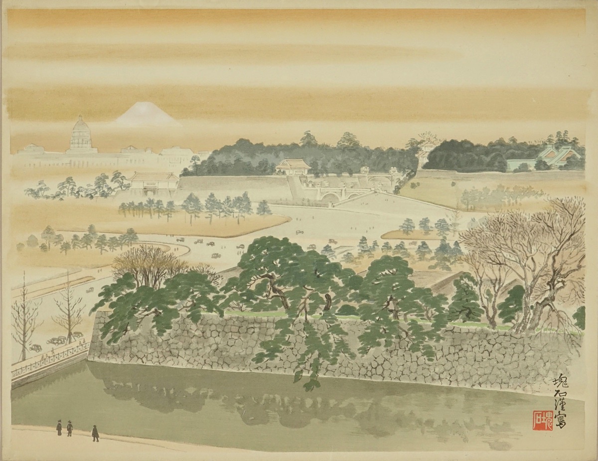 定石塊石版画、宮城と富士 昭和6年出版 定方塊石 皇居前広場 | 浮世絵 | 原書房 神田神保町