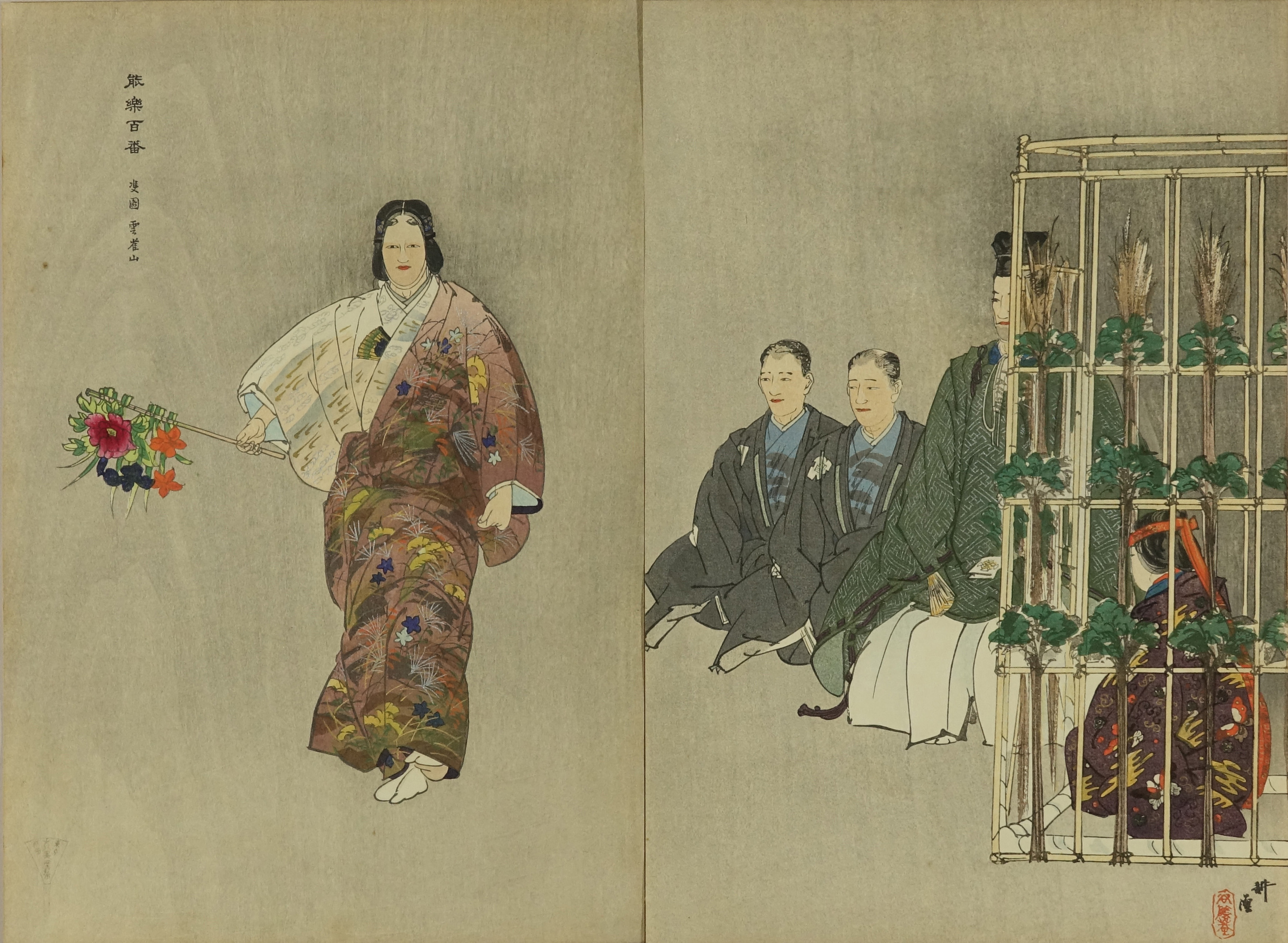 浮世絵本物、能楽図絵2帖100図耕漁画 （月岡耕漁｢能楽百番 砧