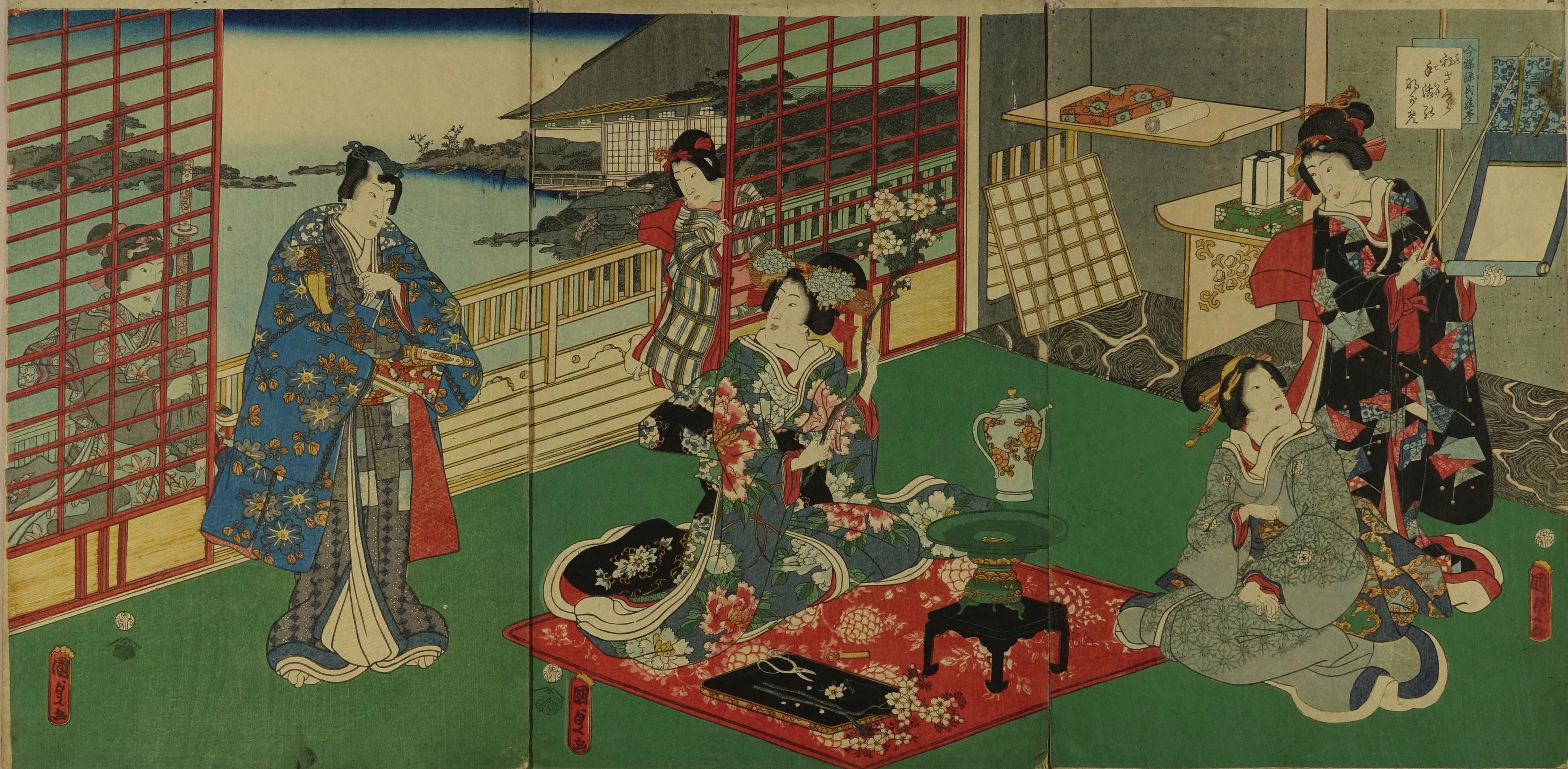浮世絵　国貞政二代豊国 美人画　編み物　着物　希少 浮世絵国貞政二代豊国 美人画編み物着物希少