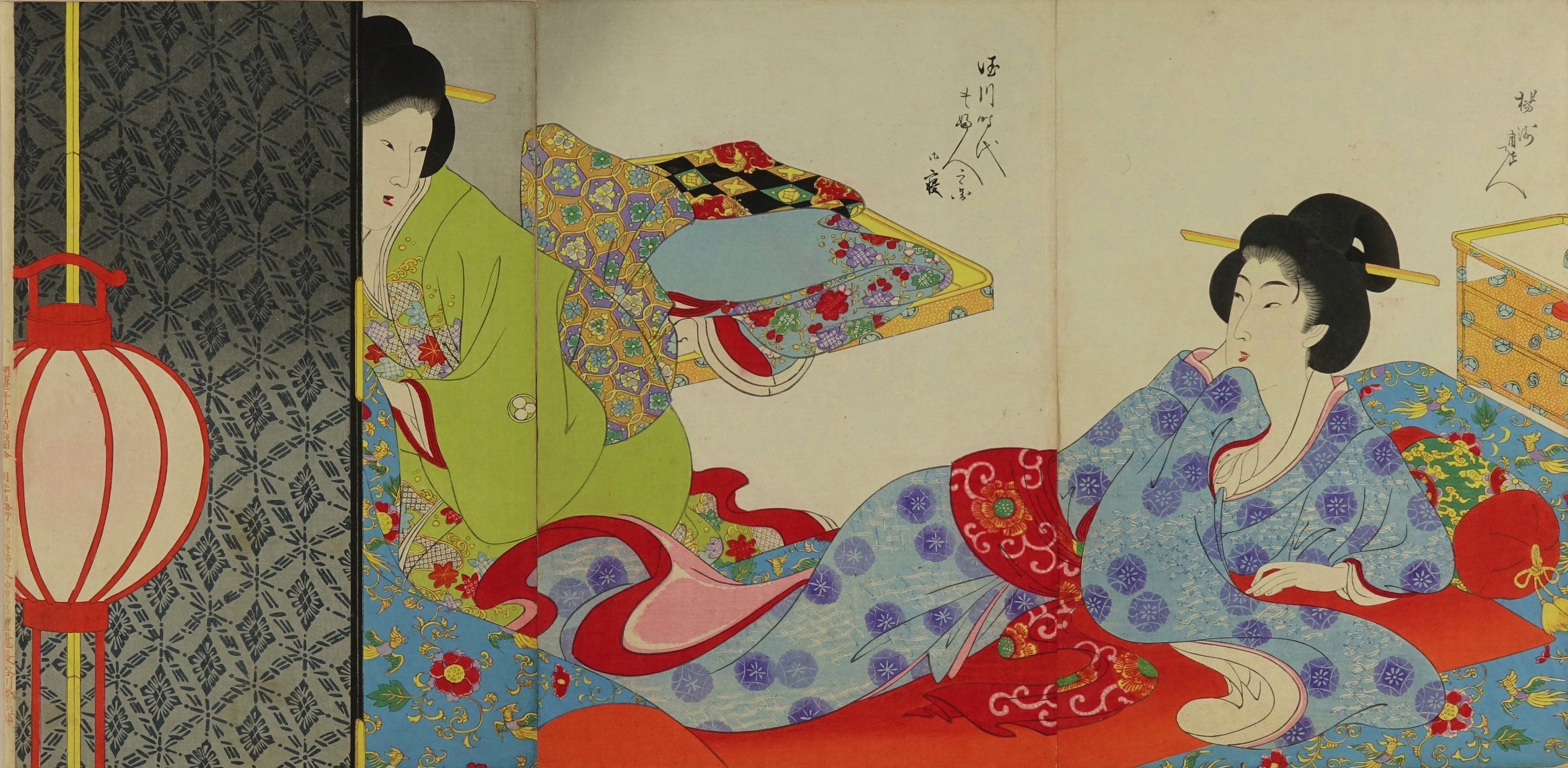豊原(揚州)周延の、「徳川時代 貴婦人の図」3枚続(1897年) 江戸