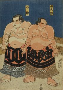 相撲／河鍋暁斎 (歌川国芳・狩野洞白師事) 掛軸 絹本：幕末 浮世絵師