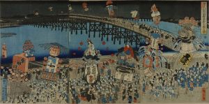 HIROSHIGE II/<i>Minobusan asamairi gunshu Shin-ohashi no kei</i> (View of crowd crossing Shin-ohashi Bridge to visit Minobu Shrine exhibition in a morning), triptych
