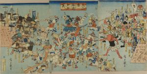 HIROSHIGE/Battle between sake and cakes, titled <i>Taiheiki mochisake tatakai</i>, triptych