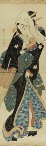 EIZAN/Standing beauty holding an umbrella, vertical diptych, mounted as a hanging scroll