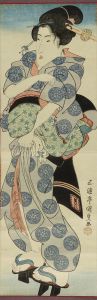 KUNISADA/Standing beauty in yukata, vertical diptych, mounted as a hanging scroll