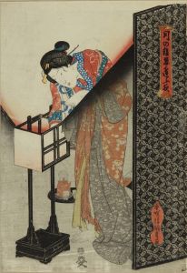 KUNISADA/Beauty looking into a lantern, from <i>Tsuki no kage shinobiau yoru</i> (Secret meetings by moonlight)