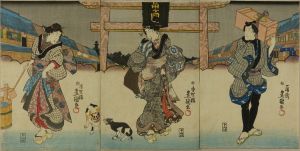 TOYOKUNI III/Beauties and a carpenter before the gate of Tomioka Hachiman Shrine, triptych