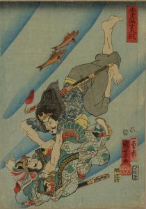 KUNIYOSHI/Ruan Xiaowu and He Tao fighting underwater, titled <i>Tosei iki ningyo</i> (Modern living dolls)
