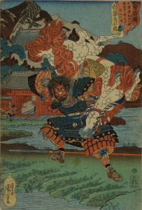 KUNIYOSHI/Shirafuji Hikoshichiro thouing a horse, from <i>Buyu hyakuden</i> (Ohe-hundred martial legends)