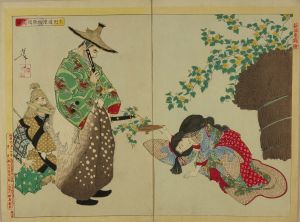 YOSHITOSHI/<i>Ota Dokan hajimete kado ni kokorozasu zu</i> (Ota Dokan aspire to learn poetry), from <i>Shinsen azuma nishiki-e</i> (New selection of eastern brocade pictures), diptych