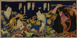 KUNICHIKA/<i>Chirimen-e</i> (Creped print) of a scene of a kabuki performance, triptych