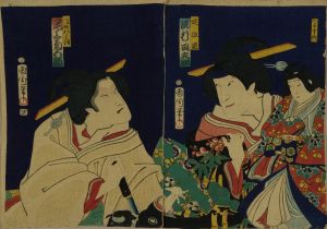 KUNICHIKA/<i>Chirimen-e</i> (Creped print) of a scene of a kabuki performance, diptych