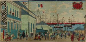 KUNITERU/<i>Yokohama Futsukoku yakukan no zu</i> (View of French embassy at Yokohama), triptych