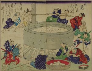UNSIGNED/Figures making large <i>mochi</i> (rice cake), satire of Boshin War, diptych
