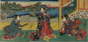 TOYOKUNI III/Three beauties in an interior, two servants preparing for a noble lady to compose a poem, triptych