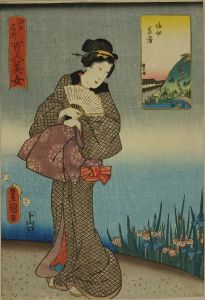 TOYOKUNI III/Iris Garden at Horikiri, from <i>Edo meisho hyakunin bijo</i> (One-hundred famous places and beauties of Edo)