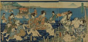KUNICHIKA/Travelers crossing Oi River, triptych