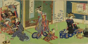KUNICHIKA/View of the room of the courtesan Hamamura at Nakamanjiya of Shin-Yoshiwara, triptych