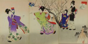 SHUNTEI/<i>Oihago</i> (Battledore), first month, from <i>Bijin junikagetsu</i> (Beauties in twelve months), triptych