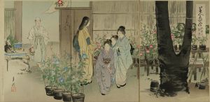 GEKKO/Morning glory market at Iriya, from <i>Bijin meisho awase</i> (Collection of famous places for flower and beauties), triptych