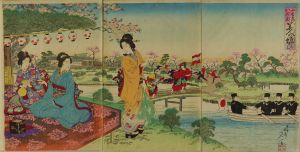 NOBUKAZU/Prosperity with beauties at Komatsujima Hasshuen Garden, triptych,