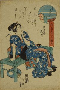 EISEN/Beauty seated on a bench, subtitled Satsuki Kawahiraki (River opening in the fifth month), from Ukiyo bijin junikagetsu (Twelve months of beauties of the floating world)
