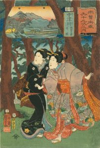 KUNIYOSHI/Nakatsugawa, with picture of The wife and daughter of Horibe Yasubei, from <i>Kisokaido rokujukyu tsugi no uchi</i> (the Sixty-nine stations of the Kisokaido)