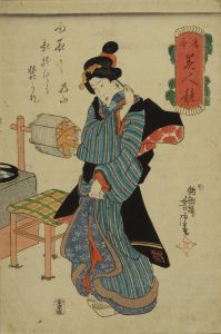 YOSHITORA/Beauty standing by a reeling machine, from Yosan bijin kurabne (Comparison of beayuties of sericulture)のサムネール