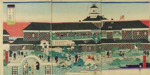 HIROSHIGE III/Entrance of the hotel at Tsukiji, triptychのサムネール