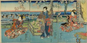 KUNIYOSHI/Mitsuuji and beauties on a terrace viewing clam digging, triptychのサムネール