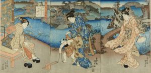 TOYOKUNI III/Beauties and a child in a garden, titled */Edo murasaki inaka Genji/* (Edo purple and rustic Genji), triptychのサムネール