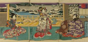 TOYOKUNI III/Mitsuuji and beauties in a terraced room overlooking snow covered garden, triptychのサムネール