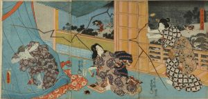 TOYOKUNI III/Beauties in an interior, closing sliding doors in a thunder storm, titled */Niwaka yudachi/* (Sudden shower), triptychのサムネール
