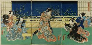 TOYOKUNI III/Mitsuuji and beauties in an interior overlooking plum garden, triptychのサムネール