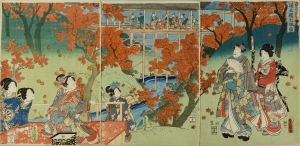 TOYOKUNI III/Mitsuuji and beauties before Tsuten Bridge at Tofukuji Temple, Kyoto, triptychのサムネール