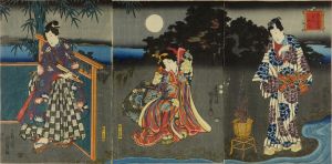 KUNISADA II/Mitsuuji and a beauty by a stream, titled */Omi hakkei no uchi, Ishiyama Shugetsu/* (Autumn moon at Ishiyama, eight views of Lake Biwa), triptychのサムネール