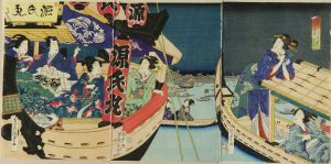 KUNISADA II/Mitsuuji and beauties on a boat on Sumida River, triptychのサムネール