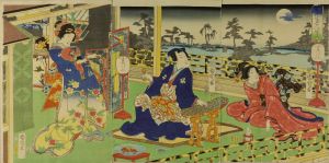 KUNICHIKA/Mitsuuji and beauties in a terraced room overlooking moonlit garden, triptychのサムネール