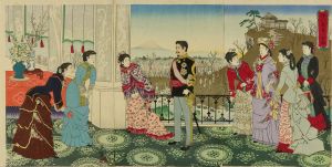 KIYOCHIKA/*/Miyo no haru mebgumi no baien/* (Graceful plum garden in Spring in the reign), triptychのサムネール