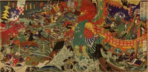 YOSHITOSHI/Minamoto no Yoshitsune jumping over boats at the battle of Dannoura, Yashima, triptychのサムネール