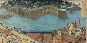 KUNIYOSHI/Ota Harunaga (Oda Nobunaga) observing restoration of the Kiyosu Castle, triptychのサムネール