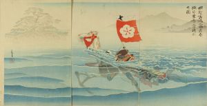 KIYOCHIKA/Akechi Samanosuke Mitsuharu crossing Lake Biwa to the pine tree of Karasaki, triptychのサムネール